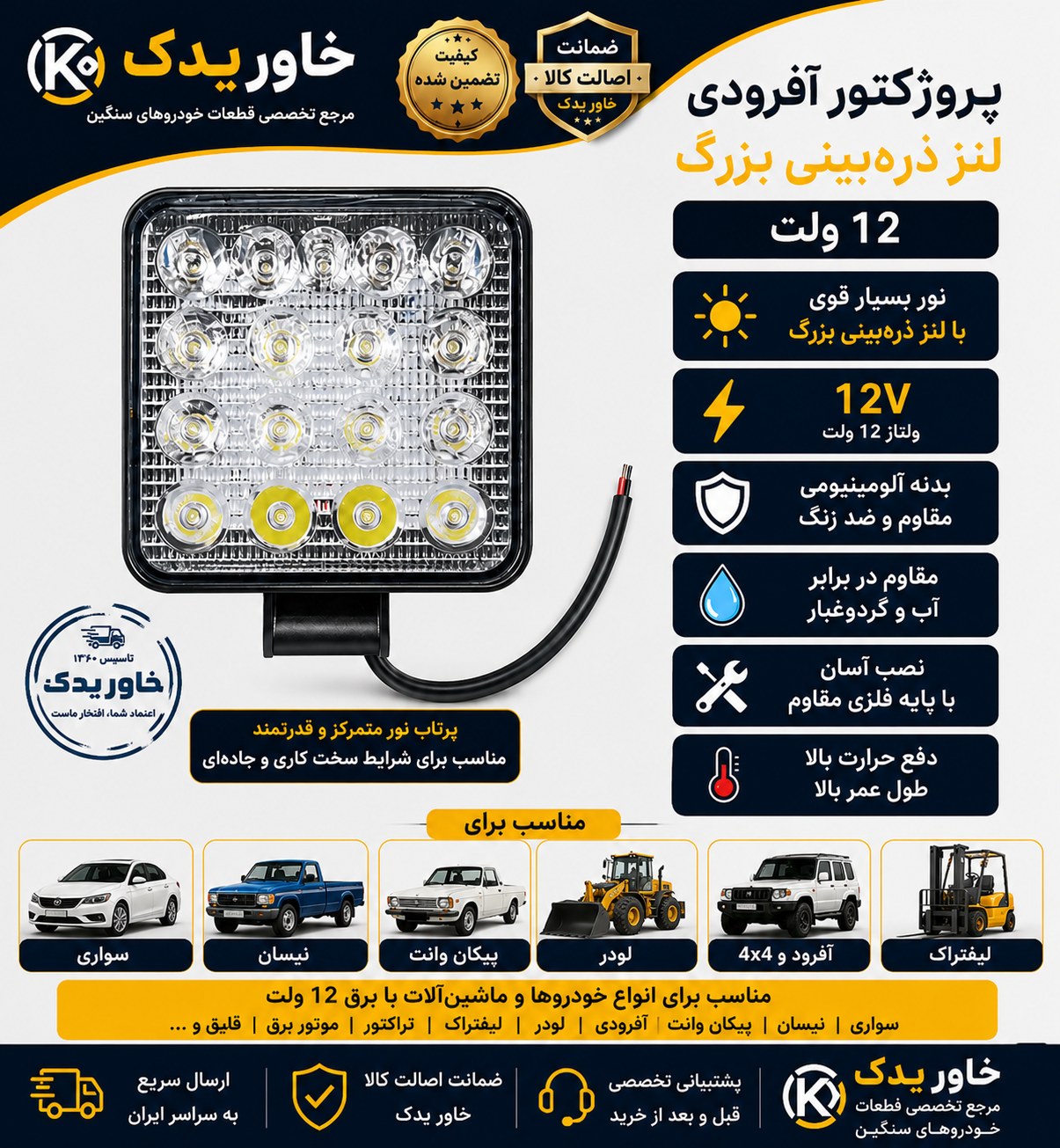 پروژکتور ماشین آفرودی پاور لنز های ذره بینی بزرگ مناسب خودروهای سواری ، نیسان ، وانت ، پاترول، مزدا و کلیه ماشین ها 12 ولت