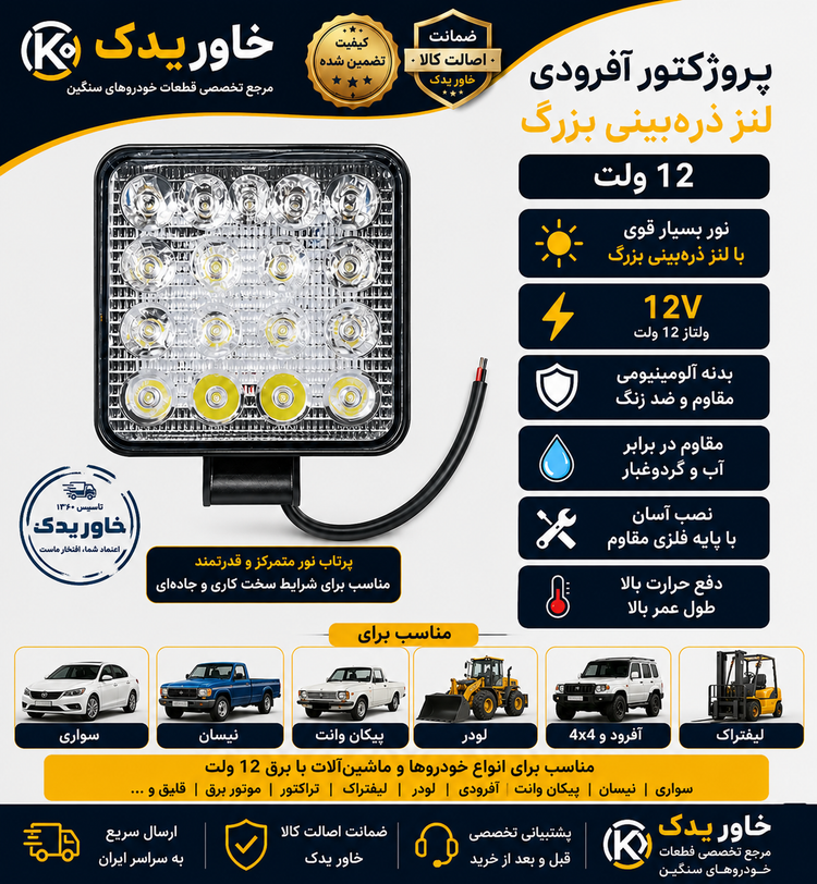 پروژکتور ماشین آفرودی پاور لنز های ذره بینی بزرگ مناسب خودروهای سواری ، نیسان ، وانت ، پاترول، مزدا و کلیه ماشین ها 12 ولت